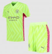 2023-24 Manchester City Kids Green Pink Goalkeeper Soccer Kits Shirt With Shorts