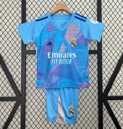 2024-25 Real Madrid Goalkeeper Blue Kids Soccer Kits Shirt With Shorts