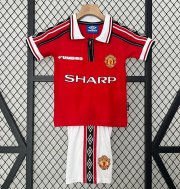 1998-99 Manchester United Retro Kids Home Soccer Kits Shirt With Shorts
