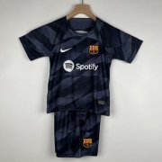 2023-24 Barcelona Kids Black Goalkeeper Soccer Kits Shirt With Shorts