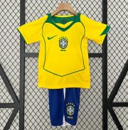 2004 Brazil Retro Kids Home Soccer Kit Shirt With Shorts